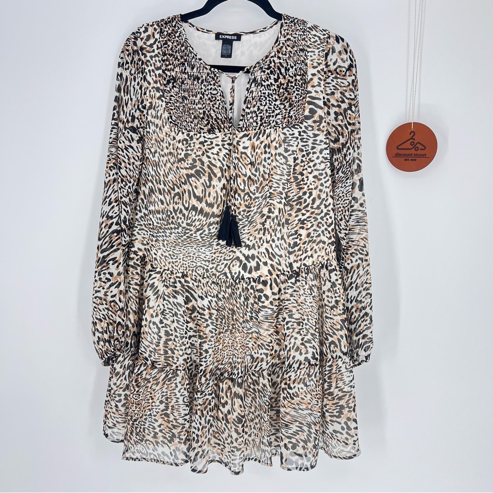 Express Leopard Print Smocked Tiered‎ Mini Dress Long Sleeve Tie Neck Size XS